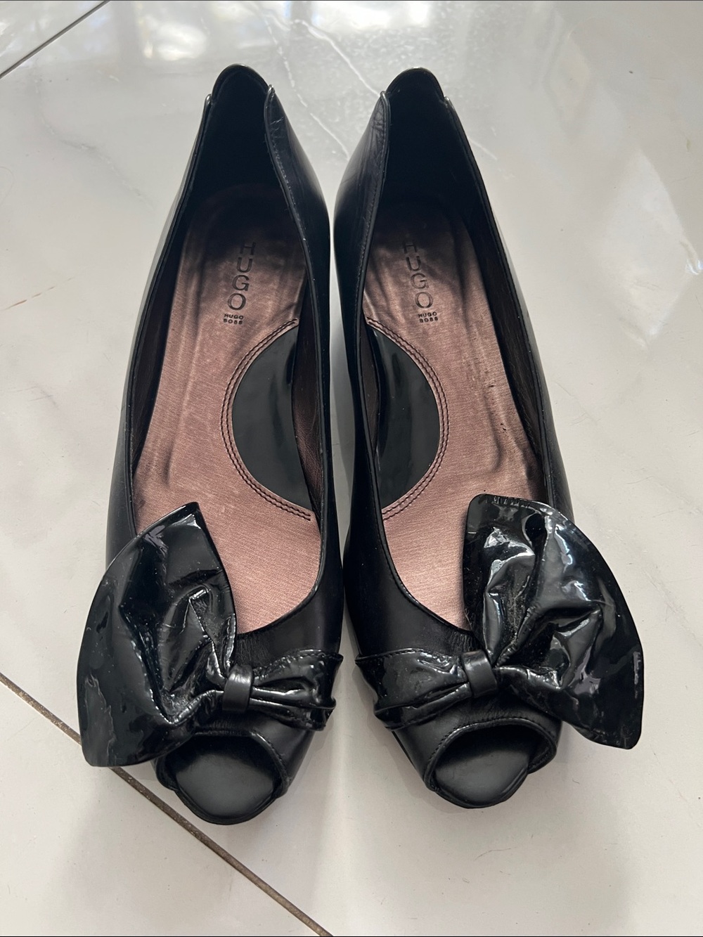 Hugo Boss Black Patent Bow Peep-Toe Flats with Leather Upper